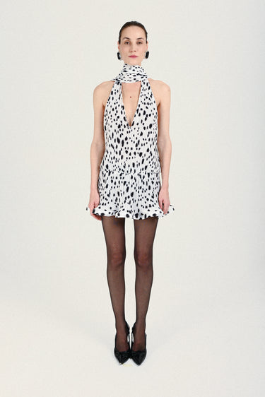 Pleated Mini Dress with Plunging Neck
