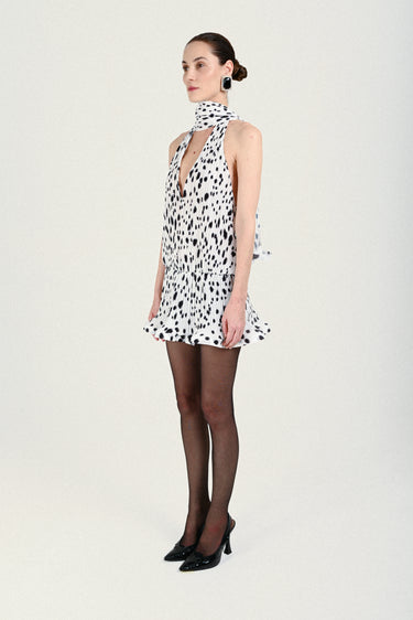 Pleated Mini Dress with Plunging Neck