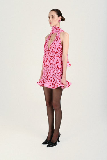 Pleated Mini Dress with Plunging Neck