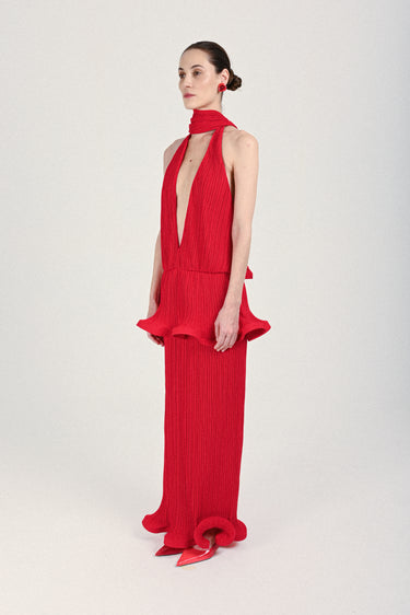 Pleated Maxi Dress with Plunging Neck