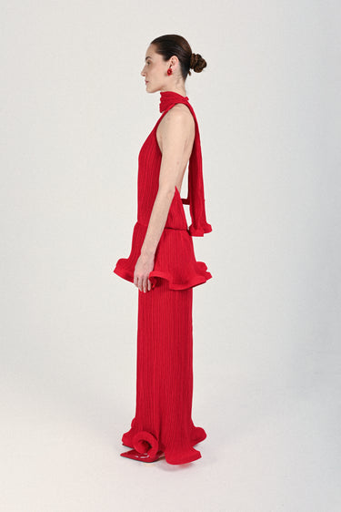 Pleated Maxi Dress with Plunging Neck