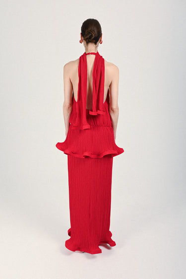 Pleated Maxi Dress with Plunging Neck