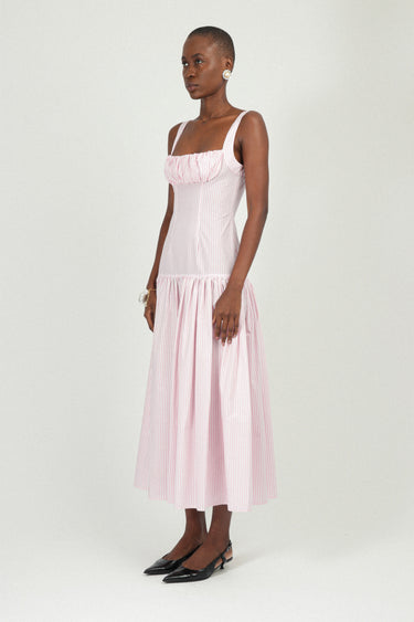 Corset Long Dress with Gathered Neckline in Poplin