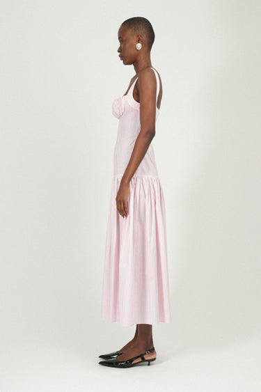 Corset Long Dress with Gathered Neckline in Poplin
