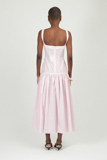 Corset Long Dress with Gathered Neckline in Poplin