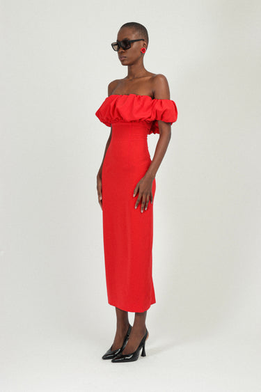 Bardot Long Dress with Gathered Neckline in Sable