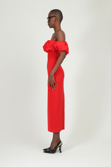 Bardot Long Dress with Gathered Neckline in Sable