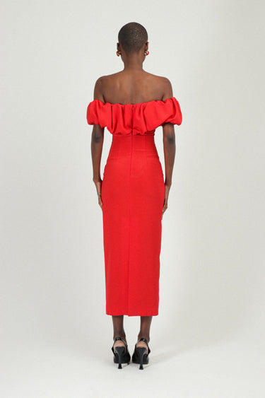 Bardot Long Dress with Gathered Neckline in Sable