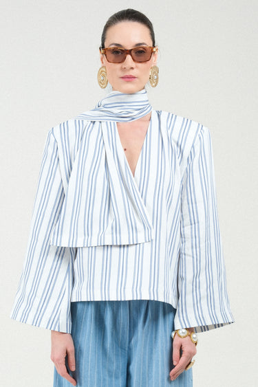 Striped Long Sleeves Shirt with Integrated Scarf