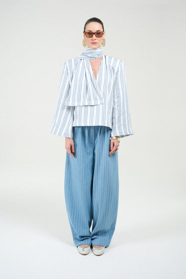 Striped Long Sleeves Shirt with Integrated Scarf