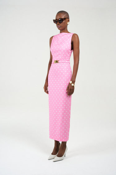 Polka Dots Long Dress with Straight Neckline