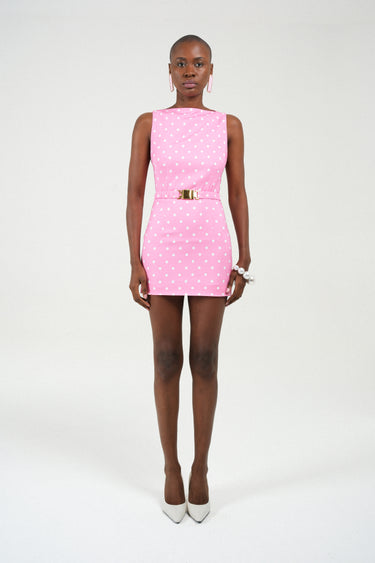 Polka Dots Mini Dress with Straight Neckline