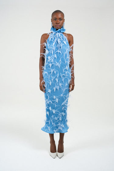 Feathers Pleated Turtleneck Long Dress