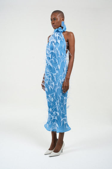 Feathers Pleated Turtleneck Long Dress