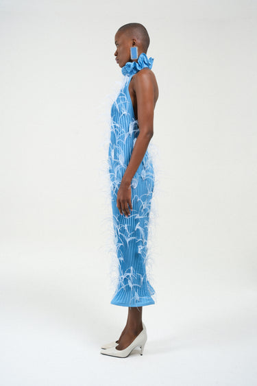 Feathers Pleated Turtleneck Long Dress