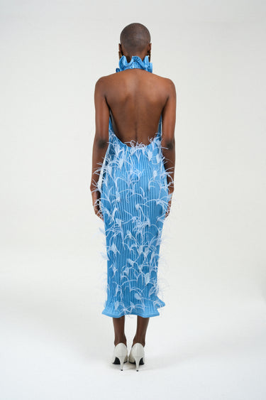 Feathers Pleated Turtleneck Long Dress