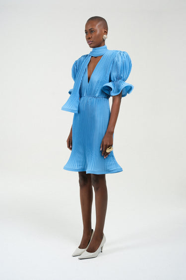 pleated puff sleeve dress Collar V-neck Pleated Puff Sleeve Midi Dress in Navy Sugar & Spice