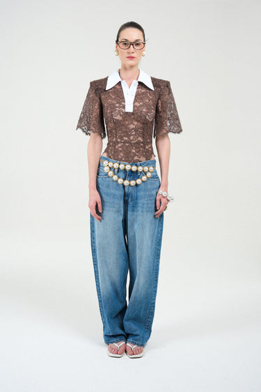 Lace Short Sleeves Polo Bodysuit