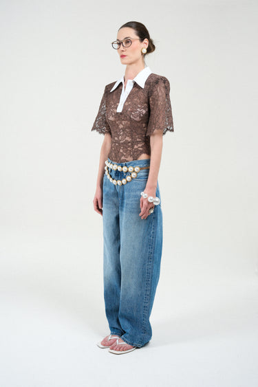 Lace Short Sleeves Polo Bodysuit