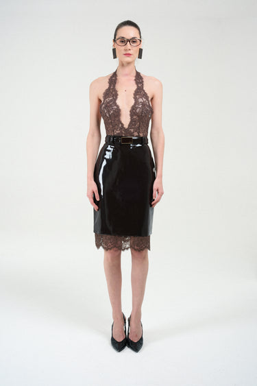 Vynil Midi Skirt with Lace Details