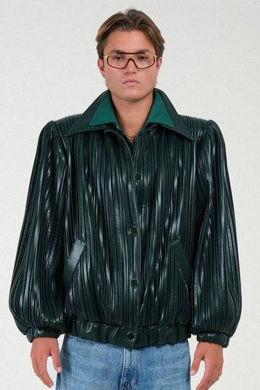 Pleated Eco-leather Short Bomber