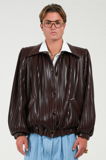 Pleated Eco-leather Short Bomber