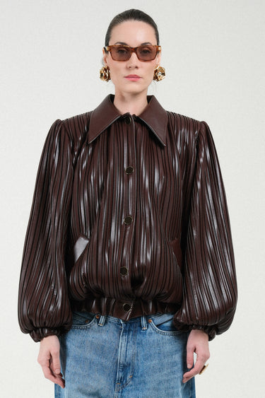 Pleated Eco-leather Short Bomber