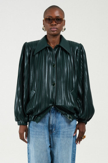 Pleated Eco-leather Short Bomber