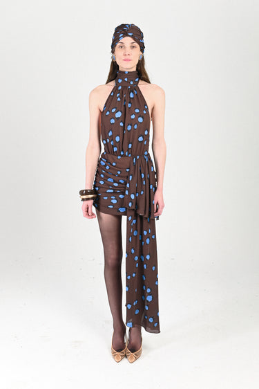 Printed Sleeveless Mini Dress with Bow Neck