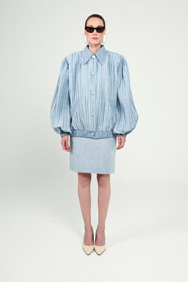 Denim Pleated Short Bomber