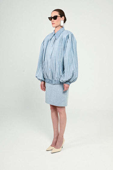 Denim Pleated Short Bomber