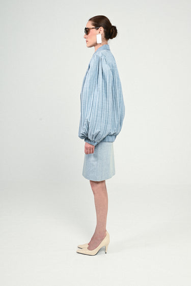 Denim Pleated Short Bomber