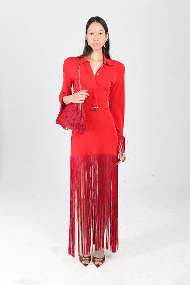 Long Sleeves Jersey Polo Dress with Fringe Skirt