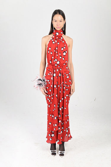 Printed Sleeveless Long Dress with Bow Neck