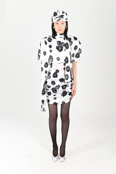 Printed Draped Mini Dress with Cape