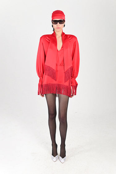 Satin Raglan Mini Dress with Fringes
