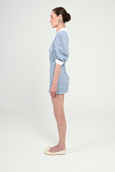 Lace Polo Mini Dress with Puffy Sleeves
