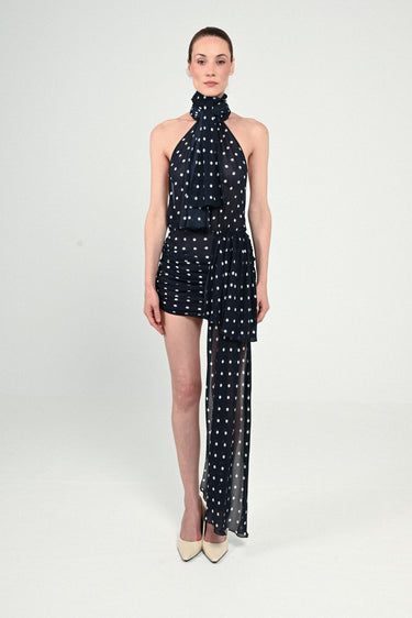 Polka Dots Sleeveless Mini Dress with Bow Neck