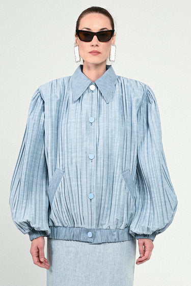 Denim Pleated Short Bomber