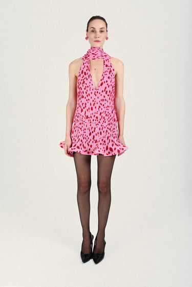 Pleated Mini Dress with Plunging Neck