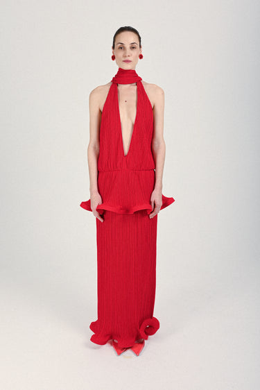 Pleated Maxi Dress with Plunging Neck
