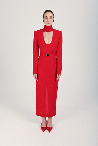 Long Dress with Plunging Draped Collar