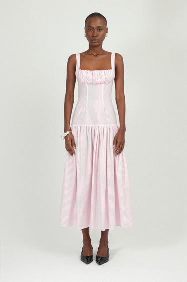 Corset Long Dress with Gathered Neckline in Poplin