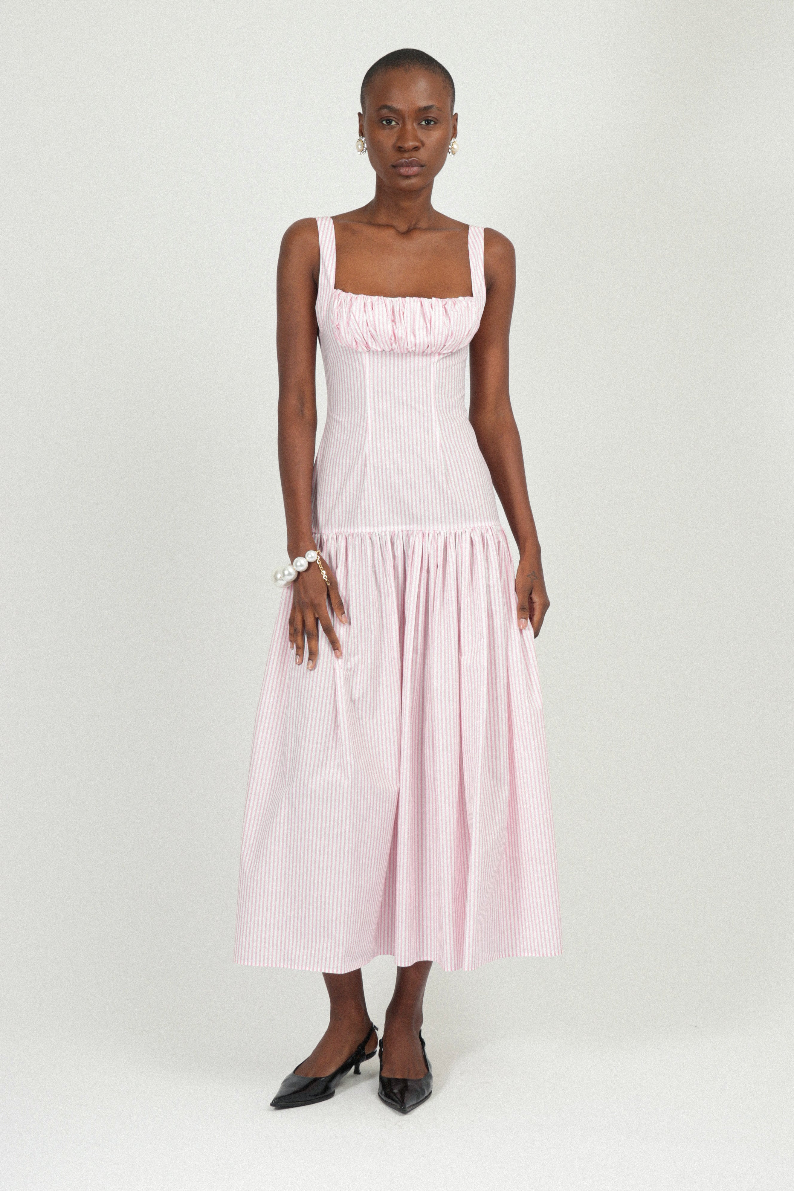 corset gathered dress Gathered Satin Corset dress with Adjustable Bodice, Deep V-Neckline, A-line Skirt and High Leg Slit CDCD231
