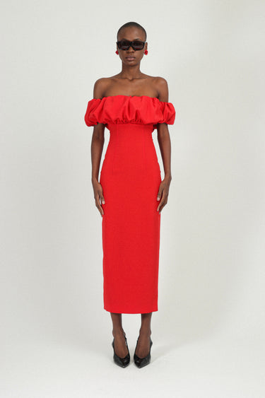 Bardot Long Dress with Gathered Neckline in Sable