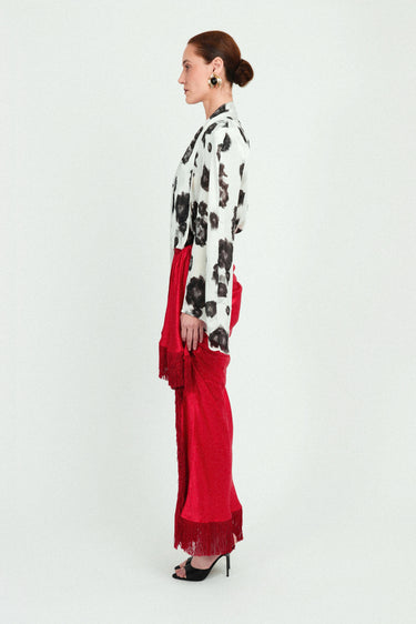 Satin Draped Long Skirt with Fringes