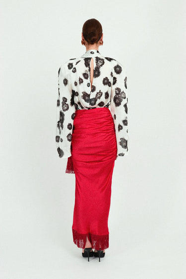 Satin Draped Long Skirt with Fringes