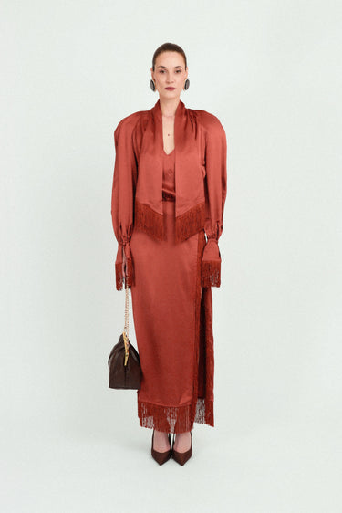 Satin Raglan Long Dress with Fringes
