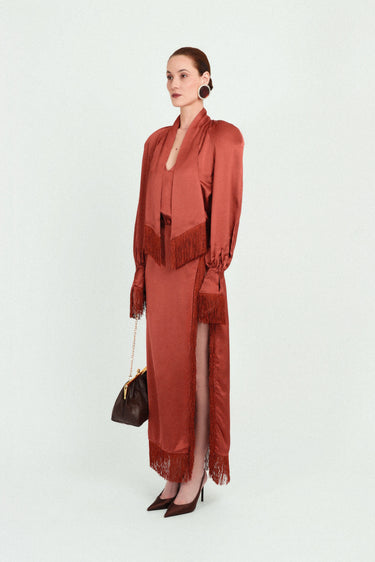 Satin Raglan Long Dress with Fringes