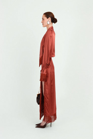 Satin Raglan Long Dress with Fringes